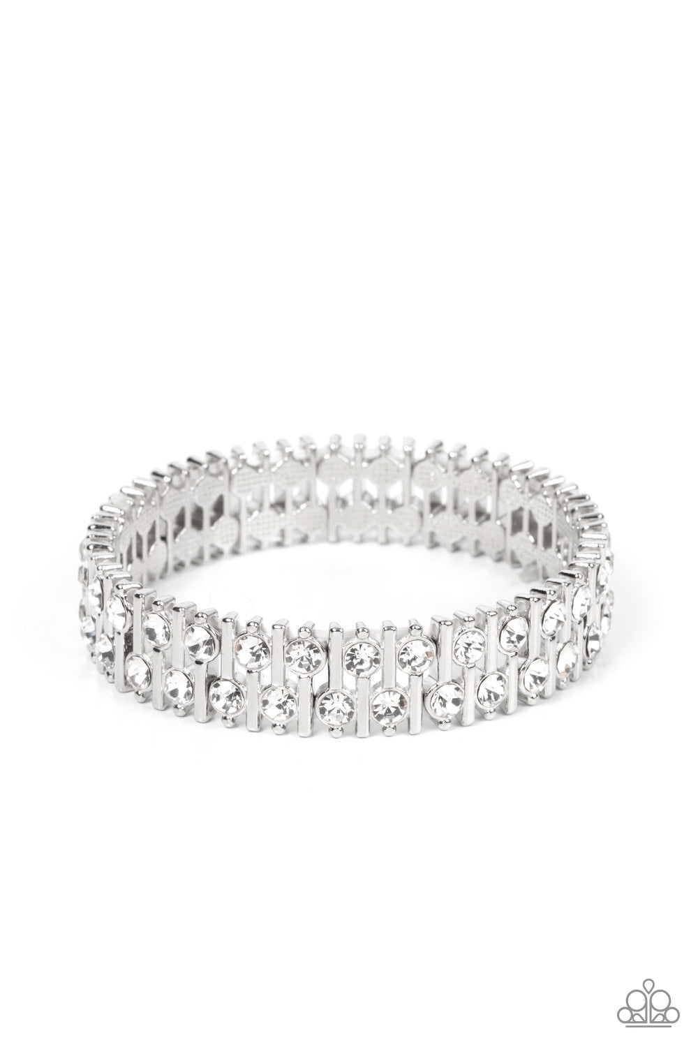 Paparazzi Accessories Generational Glimmer - White Attached to silver bars, a staggered display of solitaire white rhinestones alternates along a stretchy band around the wrist for an unexpected pop of shimmer around the wrist. Sold as one individual brac