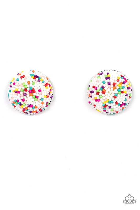Paparazzi Accessories Kaleidoscope Sky - White A bubbly assortment of dainty multicolored beads spins around the front of an oversized and beveled silver frame, resulting in a boisterous pop of kaleidoscopic color. Earring attaches to a standard post fitt