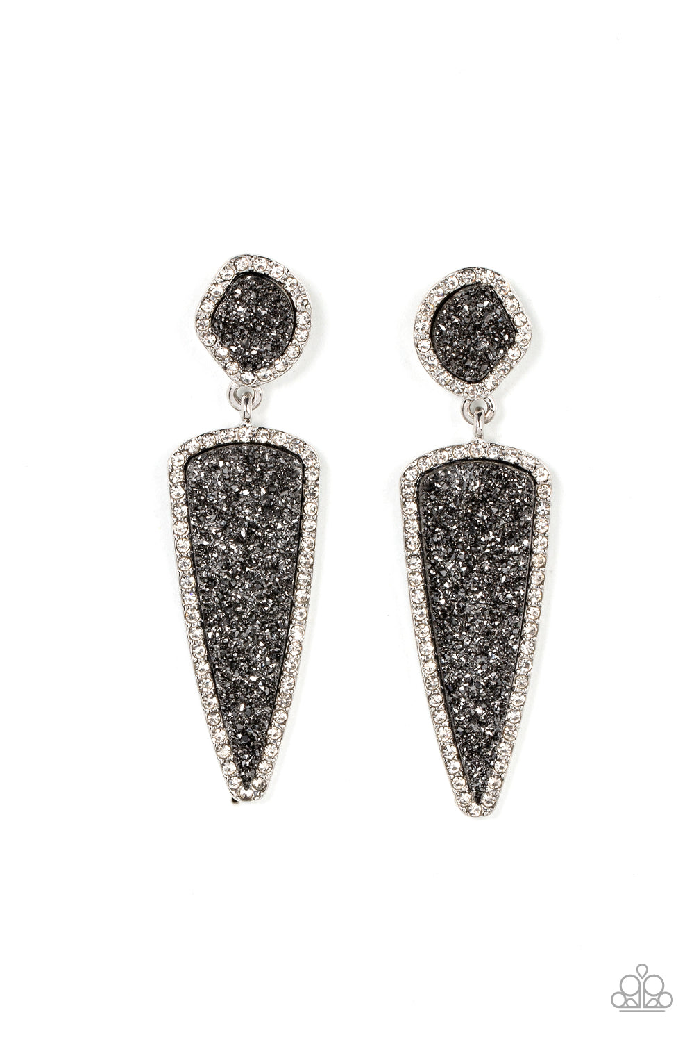 Paparazzi Accessories Druzy Desire - Silver Featuring asymmetrical and triangular cuts, a pair of black druzy-like accents are encased inside white rhinestone dotted silver frames as they link into a jaw-dropping lure. Earring attaches to a standard post