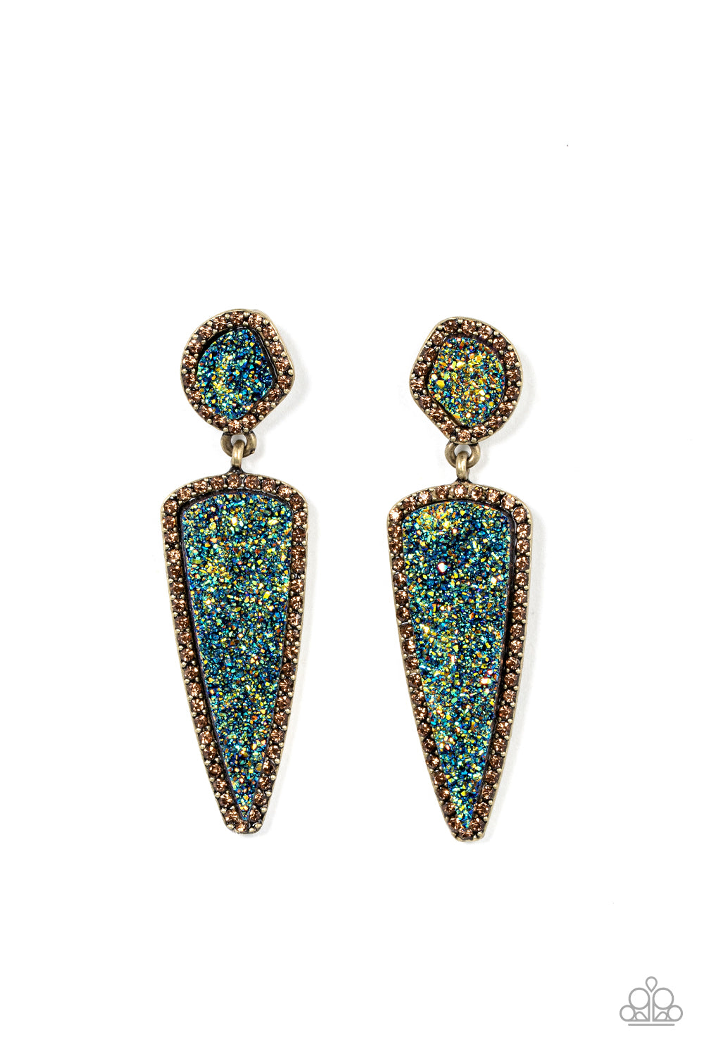 Paparazzi Accessories Druzy Desire - Brass Featuring asymmetrical and triangular cuts, a pair of blue druzy-like accents are encased inside topaz rhinestone dotted brass frames as they link into a jaw-dropping lure. Earring attaches to a standard post fit
