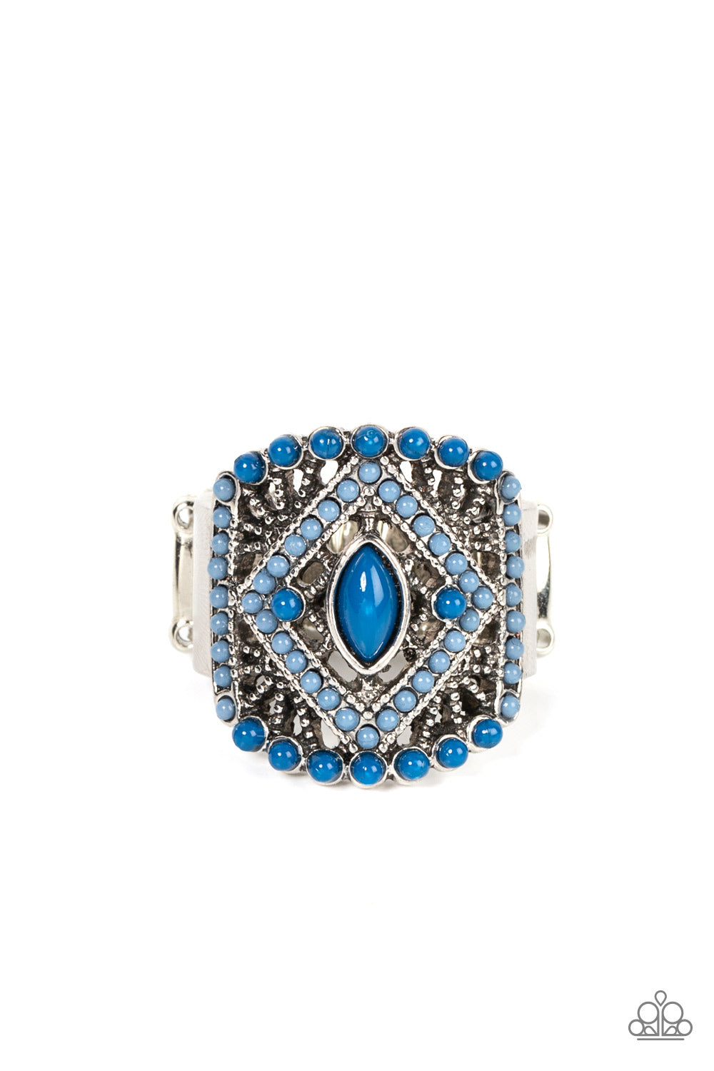 Paparazzi Accessories Amplified Aztec - Blue Dainty Spring Lake and Mykonos Blue beads adorn the front of an airy silver frame radiating with studded geometric texture, culminating into a colorful textile inspired pattern atop the finger. Features a stret