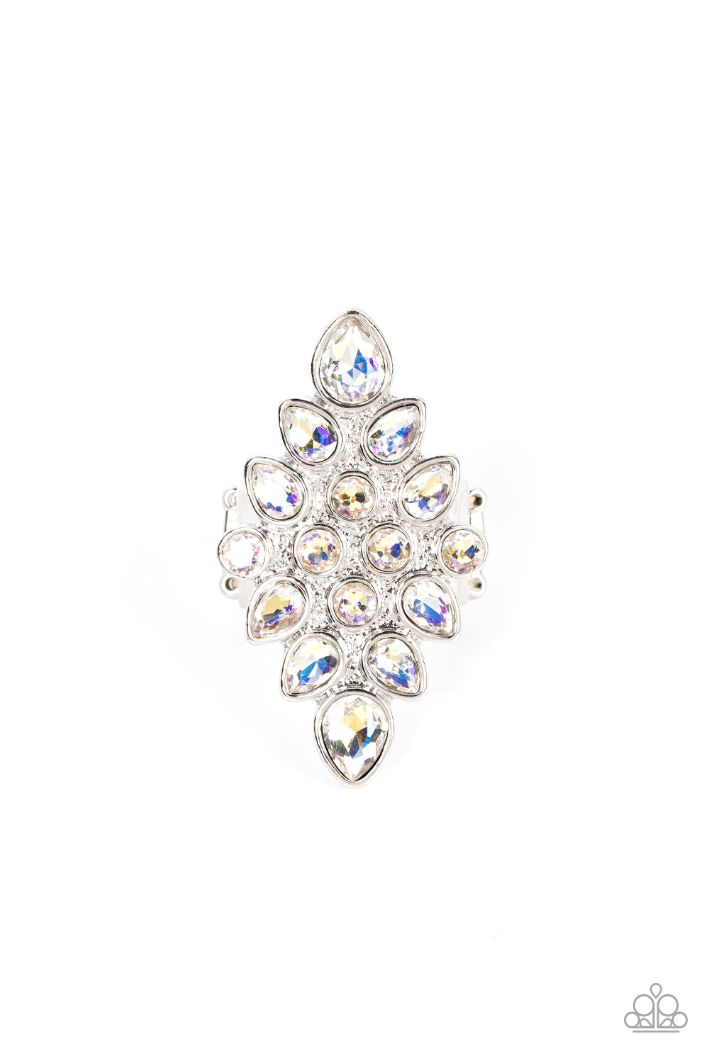 Paparazzi Accessories Combustible Iridescence - White Round and teardrop iridescent rhinestones fan out across a diamond shaped silver frame, resulting in a stellar centerpiece atop the finger. Features a stretchy band for a flexible fit. Sold as one indi