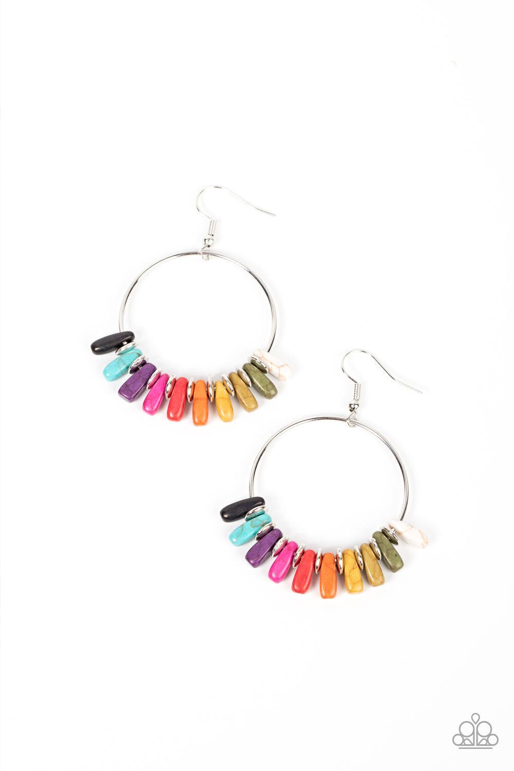 Paparazzi Accessories Earthy Ensemble - Multi A rainbow of multicolored stones are separated by dainty silver discs along a silver hoop, resulting in a colorful and earthy fringe. Earring attaches to a standard fishhook fitting. Sold as one pair of earrin