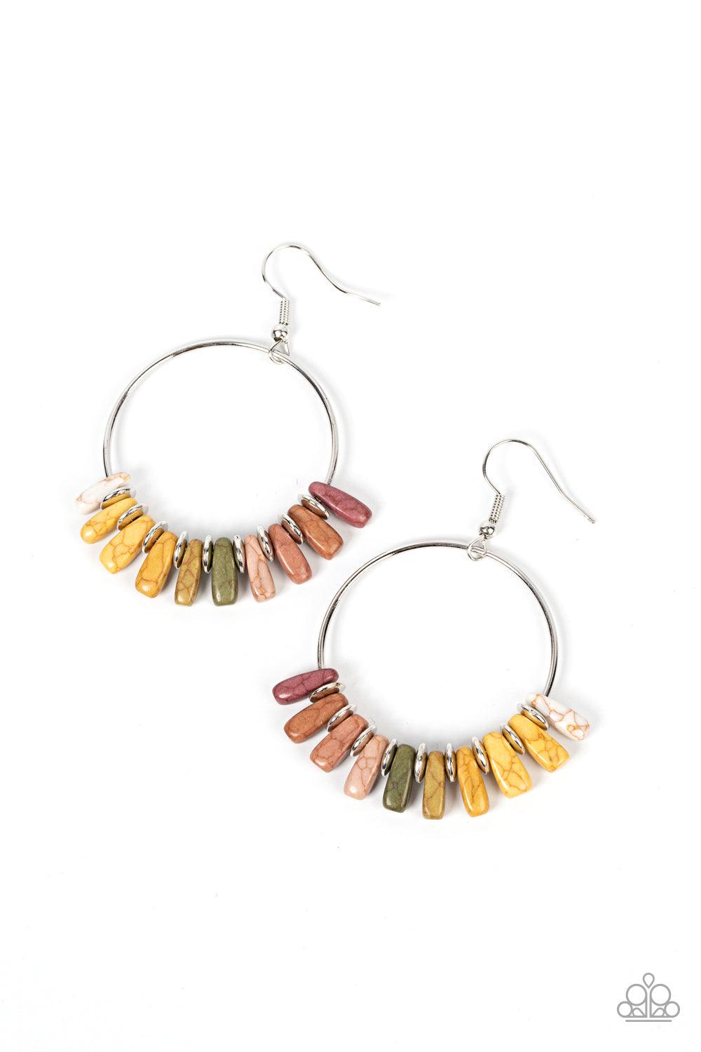 Paparazzi Accessories Earthy Ensemble - Multi A neutral rainbow of multicolored stones are separated by dainty silver discs along a silver hoop, resulting in a colorful and earthy fringe. Earring attaches to a standard fishhook fitting. Sold as one pair o