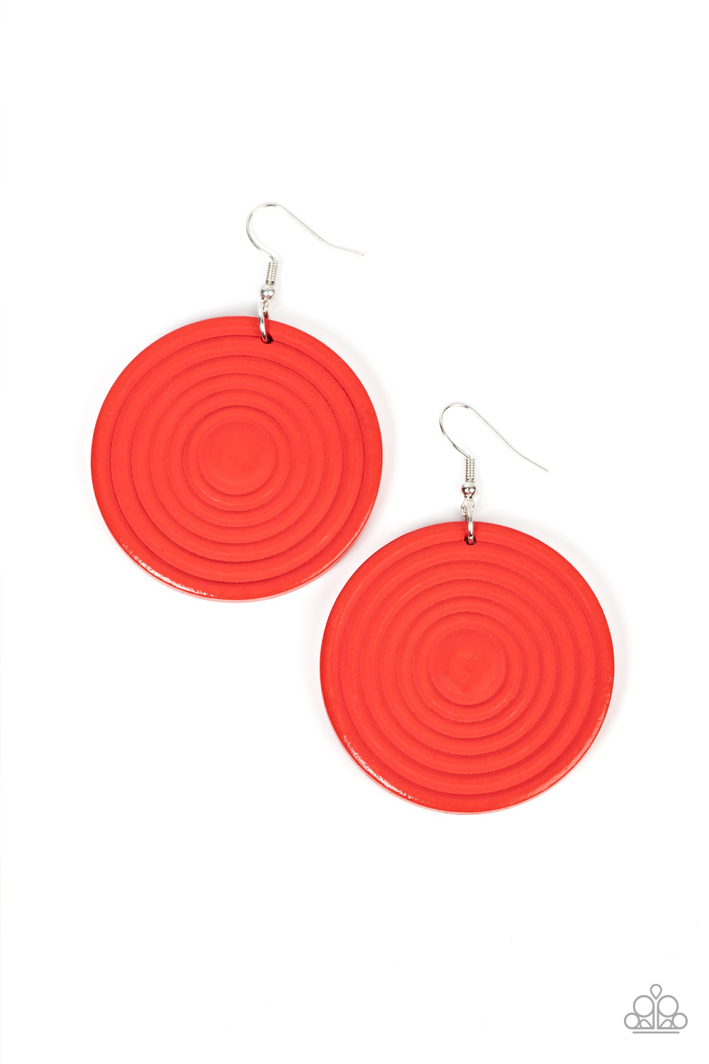 Paparazzi Accessories Caribbean Cymbal - Red A shiny red wooden disc is engraved in circular details, resulting in a dizzying pop of color. Earring attaches to a standard fishhook earring. Sold as one pair of earrings. Jewelry