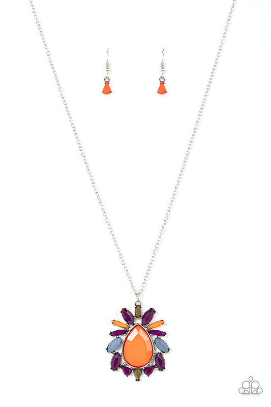 Paparazzi Accessories Indie Icon - Multi Mismatched teardrop and marquise plum, orange, Spring Lake, and Olive Branch beads flair out from a dramatically oversized burnt orange teardrop center, resulting in a vivacious pendant at the bottom of a silver ch