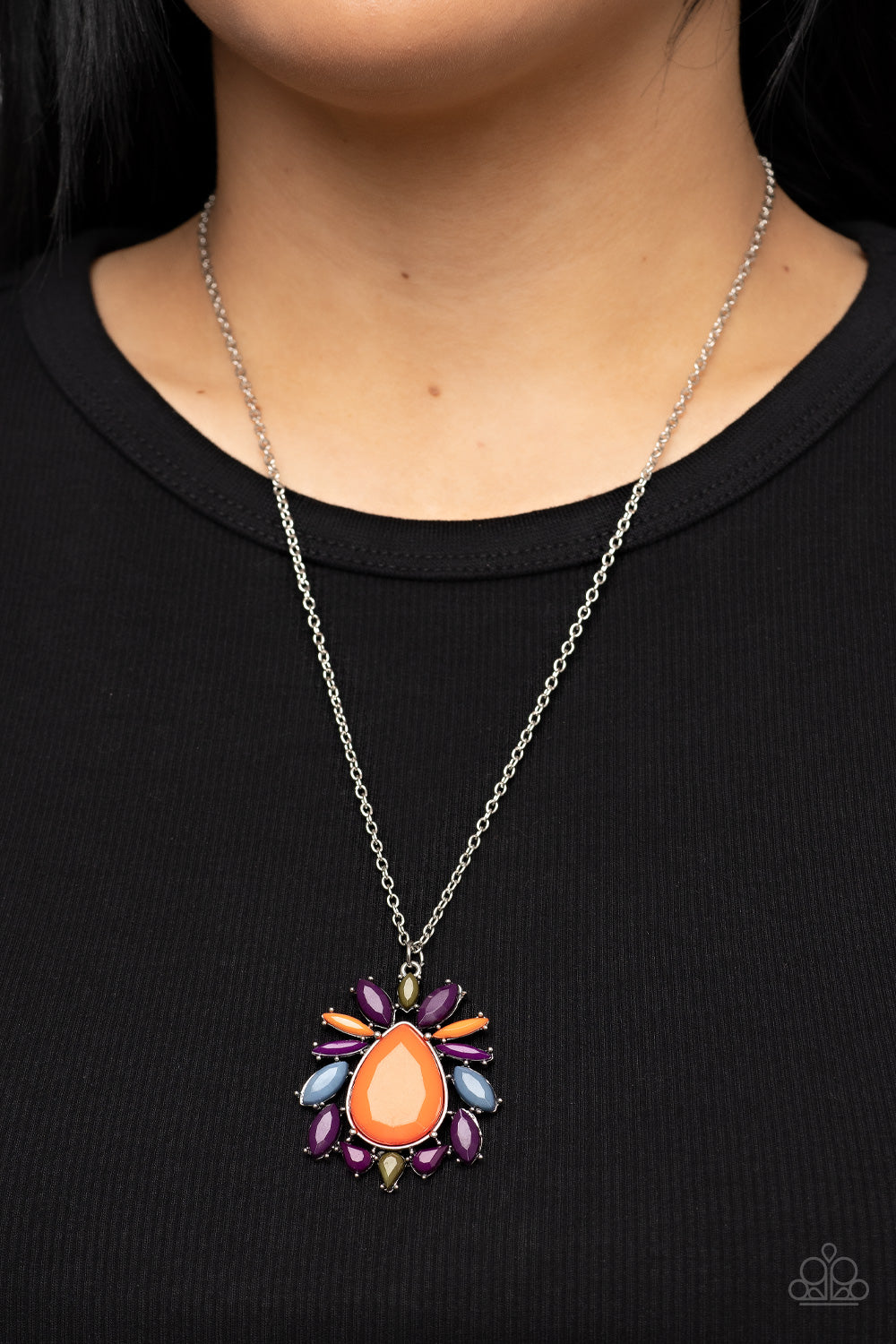 Paparazzi Accessories Indie Icon - Multi Mismatched teardrop and marquise plum, orange, Spring Lake, and Olive Branch beads flair out from a dramatically oversized burnt orange teardrop center, resulting in a vivacious pendant at the bottom of a silver ch