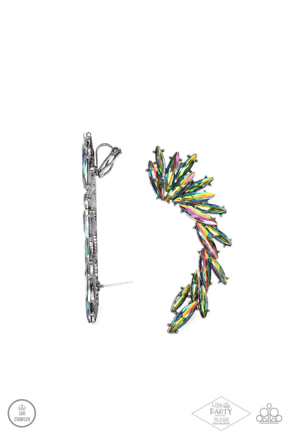 Paparazzi Accessories Because ICE Said So - Multi An explosion of marquise cut oil spill rhinestones delicately climb the ear, coalescing into a smoldering frame. Earring attaches to a standard post fitting. Features a clip-on fitting at the top for a sec