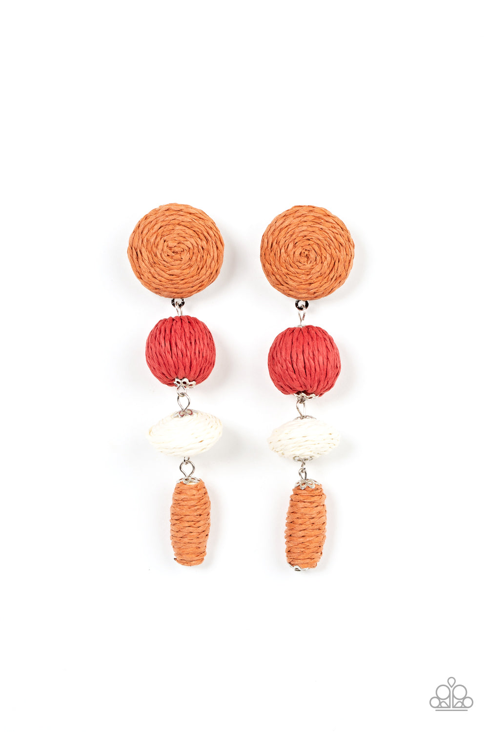 Paparazzi Accessories Twine Tango - Multi Strands of Adobe, red, white crepe-like twine wraps around circle, sphere, oval, and oblong frames that delicately connect into a decorative tassel for a trendy homespun finish. Earring attaches to a standard post