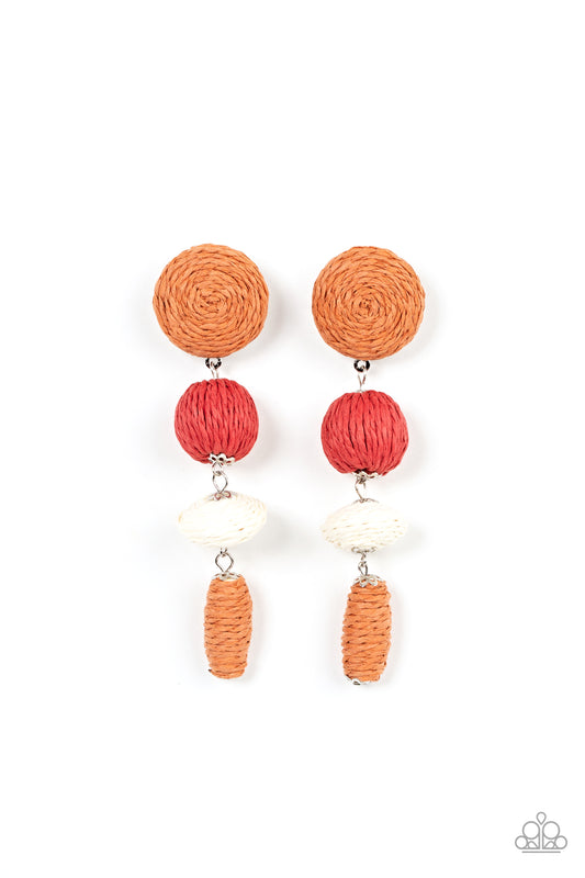Paparazzi Accessories Twine Tango - Multi Strands of Adobe, red, white crepe-like twine wraps around circle, sphere, oval, and oblong frames that delicately connect into a decorative tassel for a trendy homespun finish. Earring attaches to a standard post