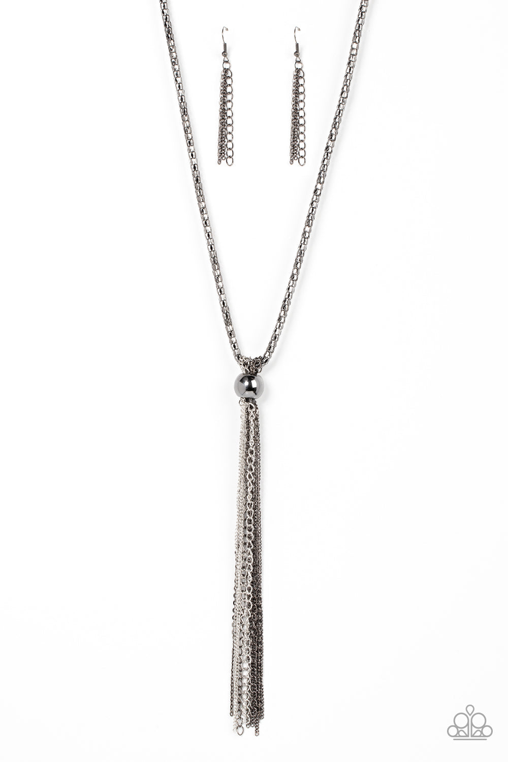 Paparazzi Accessories Metallic MESH-Up - Black A metallic mashup of silver and gunmetal chains stream out from an oversized gunmetal beaded fitting at the bottom of a chunky gunmetal mesh chain, creating a tantalizing tassel down the chest. Features an ad
