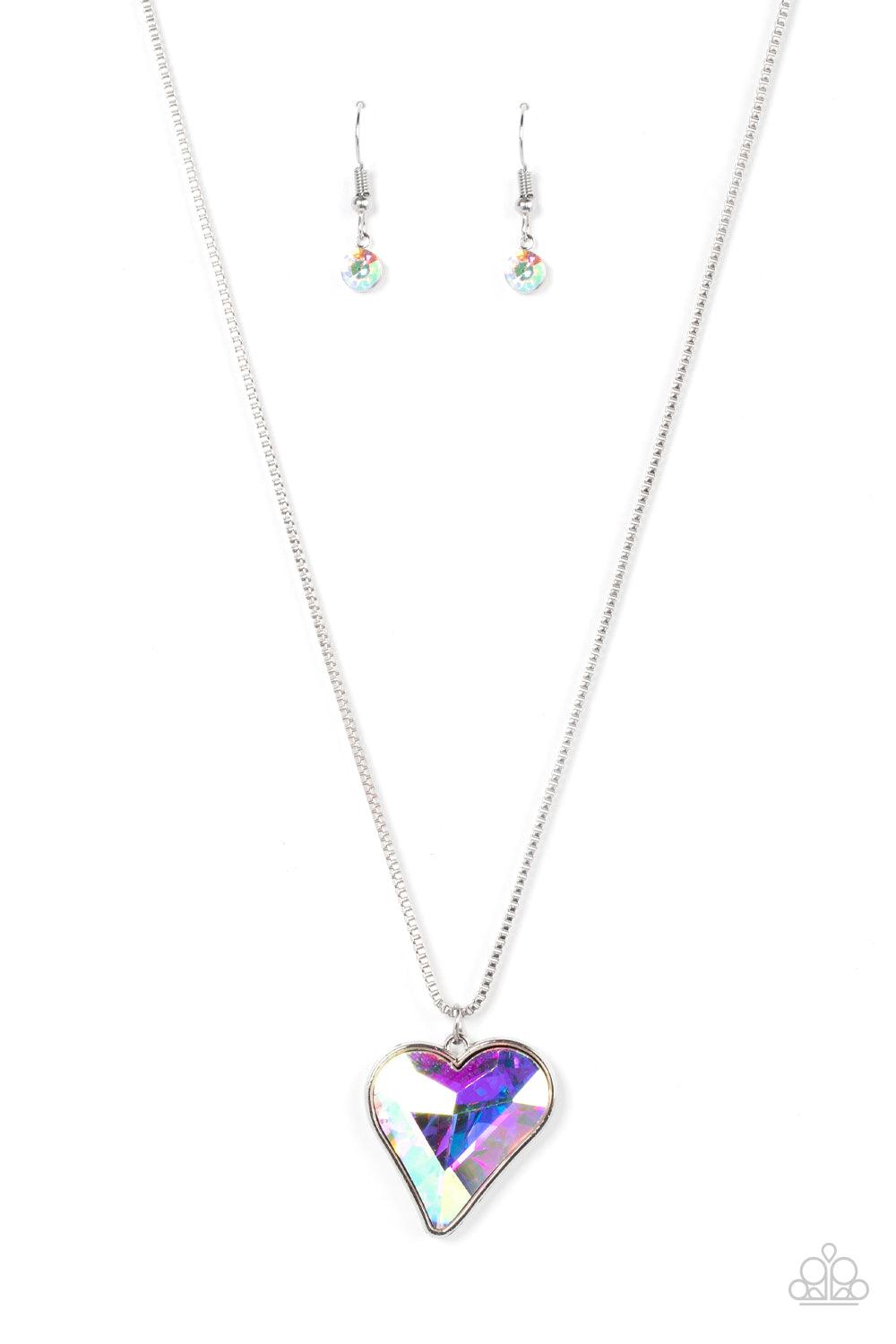 Paparazzi Accessories Lockdown My Heart - Multi An iridescent heart-shaped gem is pressed into a simple silver frame at the end of a silver box chain creating an adorable sentiment below the collar. Features an adjustable clasp closure. Sold as one indivi