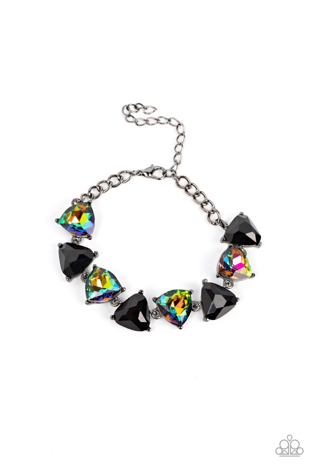 Paparazzi Accessories Pumped up Prisms - Multi Triangular cut black beads and oil spill gems alternate around the wrist, creating a prismatic pop of color. Features an adjustable clasp closure. Sold as one individual bracelet. Jewelry