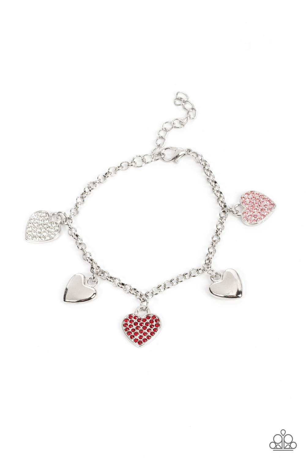 Paparazzi Accessories Lusty Lockets - Multi Shiny silver heart charms delicately alternate with white, red, and pink rhinestone encrusted heart frames along a silver chain around the wrist, resulting in a flirtatious fringe. Features an adjustable clasp c