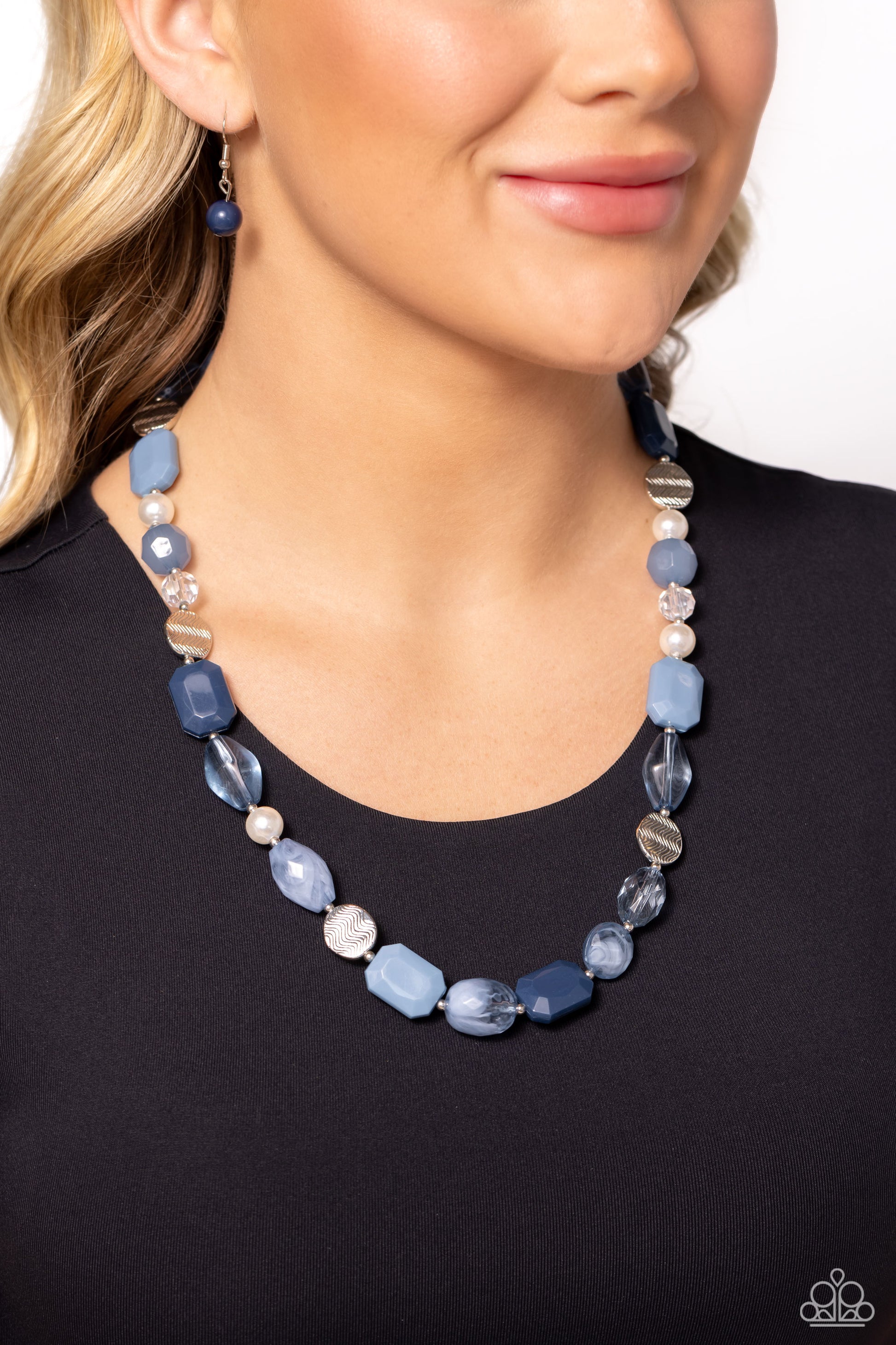 Paparazzi Accessories Nautical Sunset - Multi Varying in shape and opacity, a faceted collection of glassy and acrylic Spring Lake and Rhodonite beads joins pearls, dainty silver beads, and zigzagged silver discs along an invisible wire across the chest f
