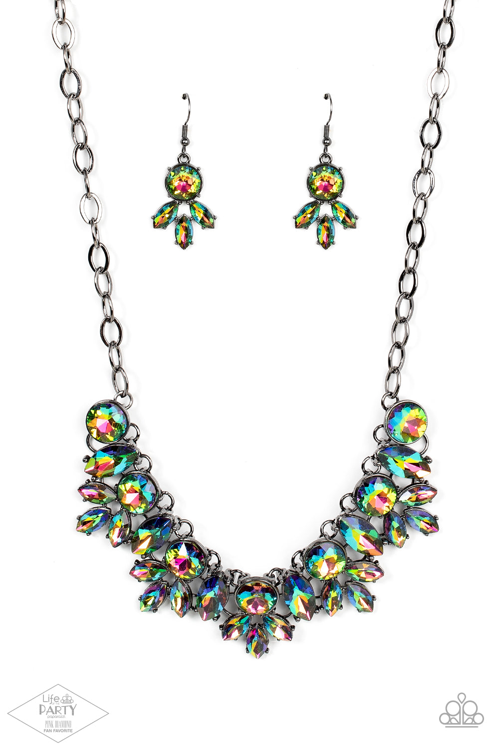 Paparazzi Accessories Combustible Charisma - Multi A blinding series of oversized round and marquise style oil spill rhinestones dramatically link below the collar, creating a show-stopping statement piece. Features an adjustable clasp closure. Sold as on