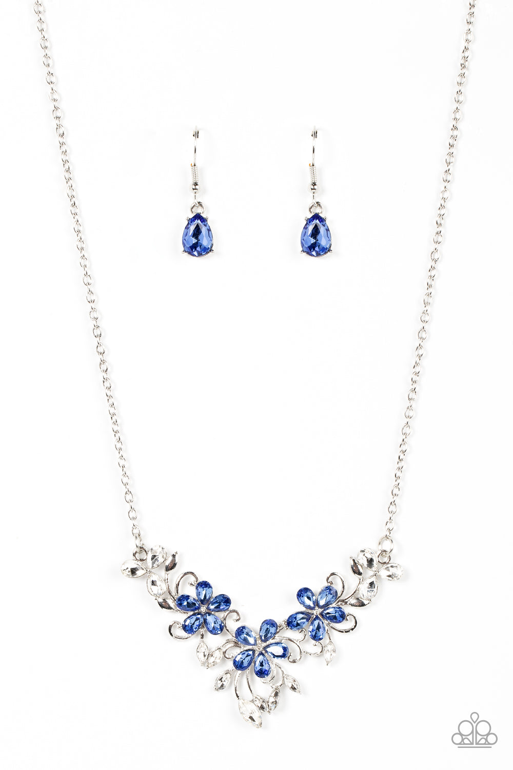 Paparazzi Accessories Floral Fashion Show - Blue A twinkly trio of blue rhinestone petaled flowers bloom atop a leafy silver backdrop adorned in marquise cut white rhinestones, resulting in a timeless floral centerpiece below the collar. Features an adjus
