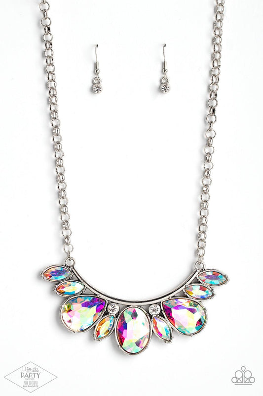 Paparazzi Accessories Never SLAY Never - Multi Infused with a pair of glassy white rhinestones, an oversized collection of marquise and teardrop iridescent rhinestones drips from the bottom of a bowing silver bar, coalescing into a sassy statement piece b