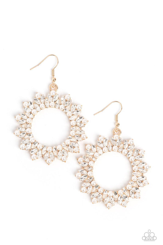 Paparazzi Accessories Combustible Couture - Gold A bubbly collection of dainty white pearls and marquise-cut rhinestones explodes across the front of a gold wreath, resulting in jaw-dropping dazzle. Earring attaches to a standard fishhook fitting. Sold as