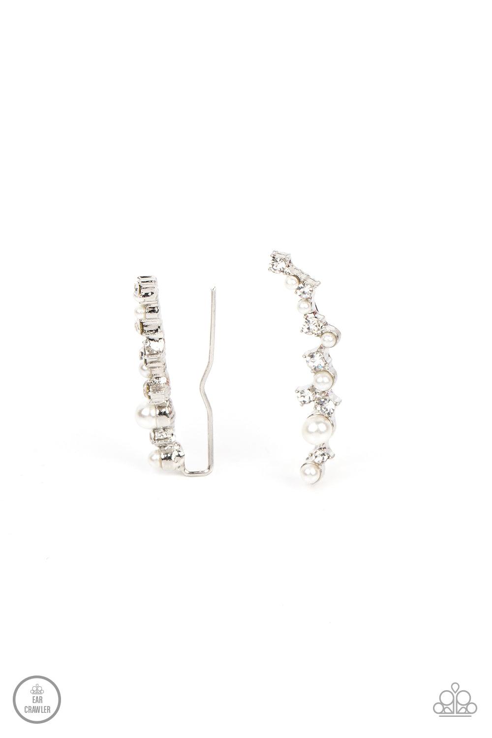 Paparazzi Accessories Couture Crawl - White A bubbly assortment of dainty white rhinestones and white pearls gently climbs the ear for a timeless fashion statement. Features an extended post fitting that climbs the back of the ear and can be pressed toget