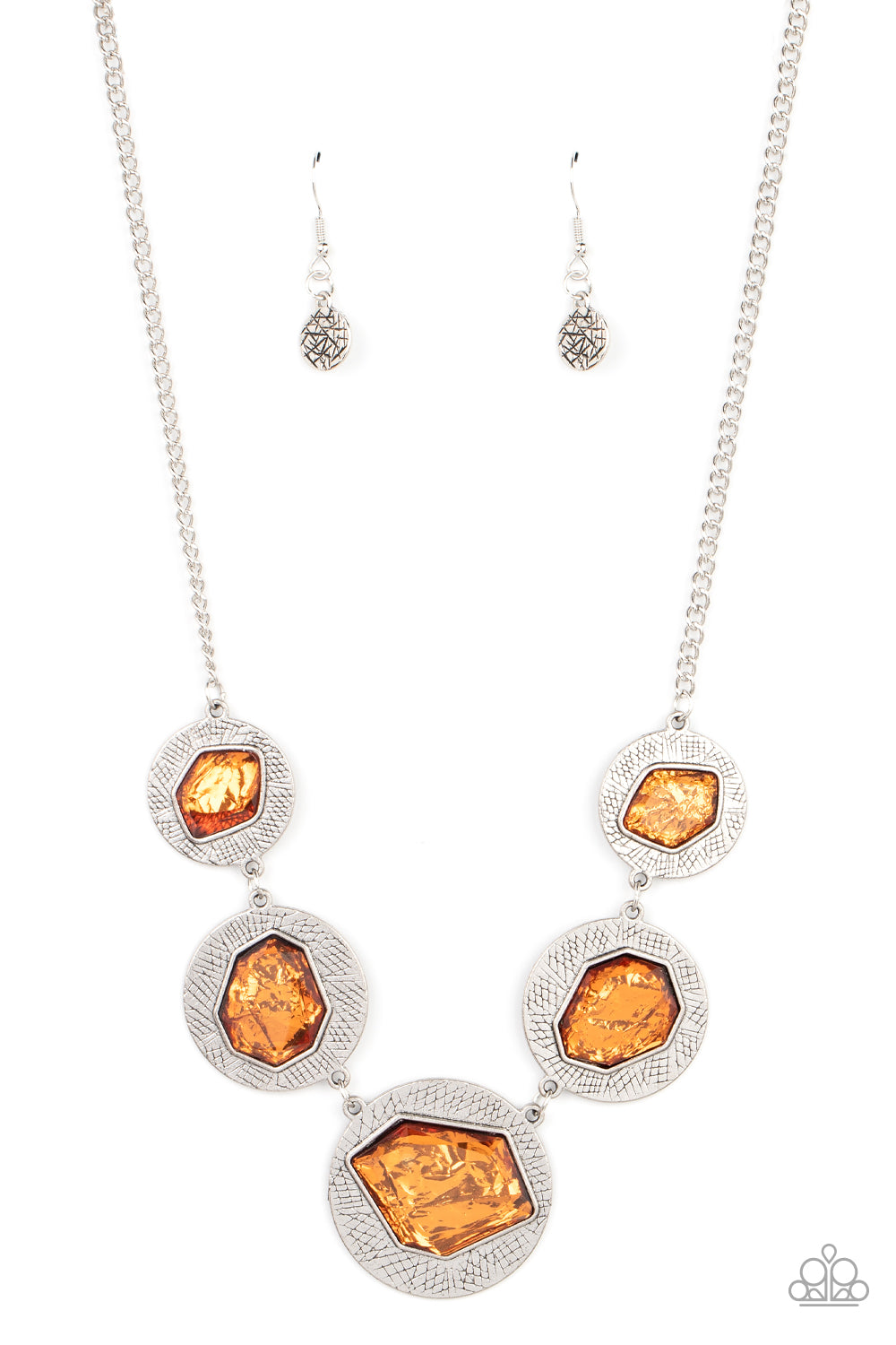 Paparazzi Accessories Raw Charisma - Orange Featuring a refracted shimmer, asymmetrical, glassy orange gems sparkle atop textured silver discs as they delicately link into an edgy statement piece below the collar. Features an adjustable clasp closure. Sol