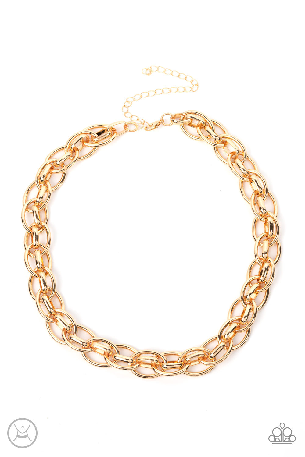 Paparazzi Accessories Tough Crowd - Gold An oversized gold chain interlocks with an oval linked chain, resulting in a rebellious fashion around the neck. Features an adjustable clasp closure. Sold as one individual choker necklace. Includes one pair of ma