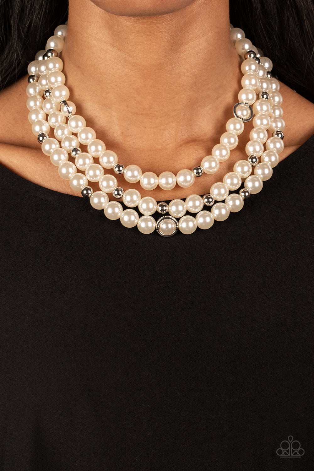 Paparazzi Accessories Needs No Introduction - White Infused with silver beads and silver rings, a bubbly collection of white pearls are threaded along invisible wires that cascade into effervescent layers below the collar. Features an adjustable clasp clo