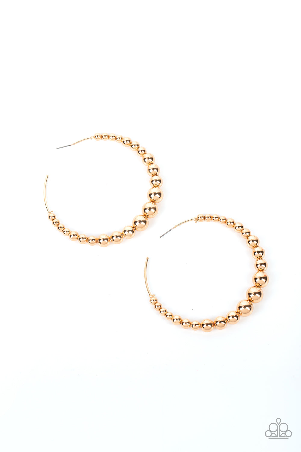 Paparazzi Accessories Show Off Your Curves - Gold Gradually increasing in size, glistening gold beads are threaded along an oversized gold hoop for a gritty and glamorous effect. Earring attaches to a standard post fitting. Hoop measures approximately 2 1