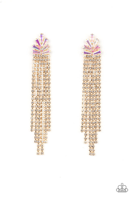 Paparazzi Accessories Overnight Sensation - Gold Sparkly strands of dainty white rhinestones stream out from the bottom of a gold frame made up of a staggered collection of iridescent and trapezoidal cut rhinestones, resulting in a timeless tassel. Earrin