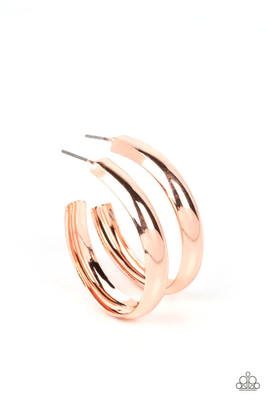Paparazzi Accessories Champion Curves - Gold A shiny ribbon of rose gold sharply curves into an asymmetrical hoop for a fierce fashion. Earring attaches to a standard post fitting. Hoop measures approximately 1" in diameter. Sold as one pair of hoop earri