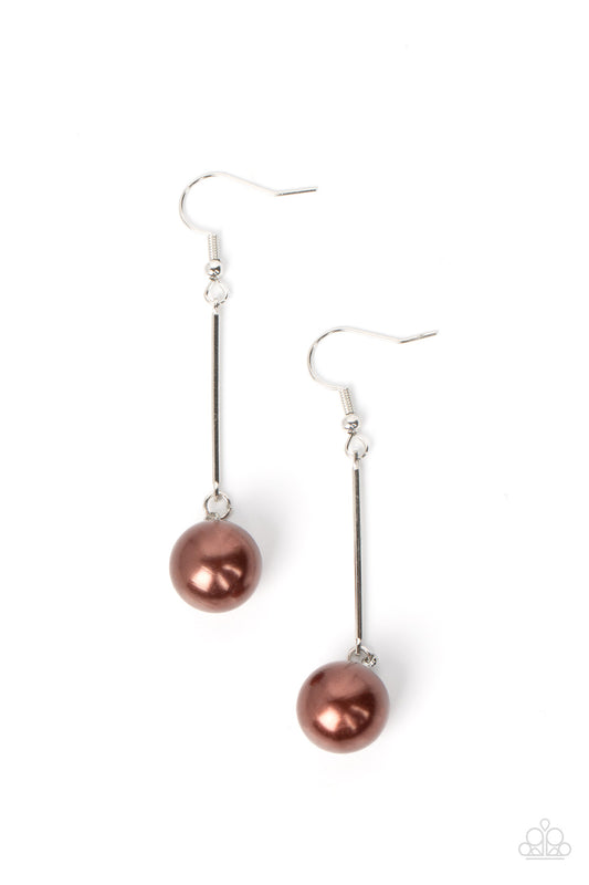 Paparazzi Accessories Pearl Redux - Brown An oversized brown pearl delicately links to the bottom of a sleek silver rod, adding a timeless twist to the classic pearl palette. Earring attaches to a standard fishhook fitting. Sold as one pair of earrings. J