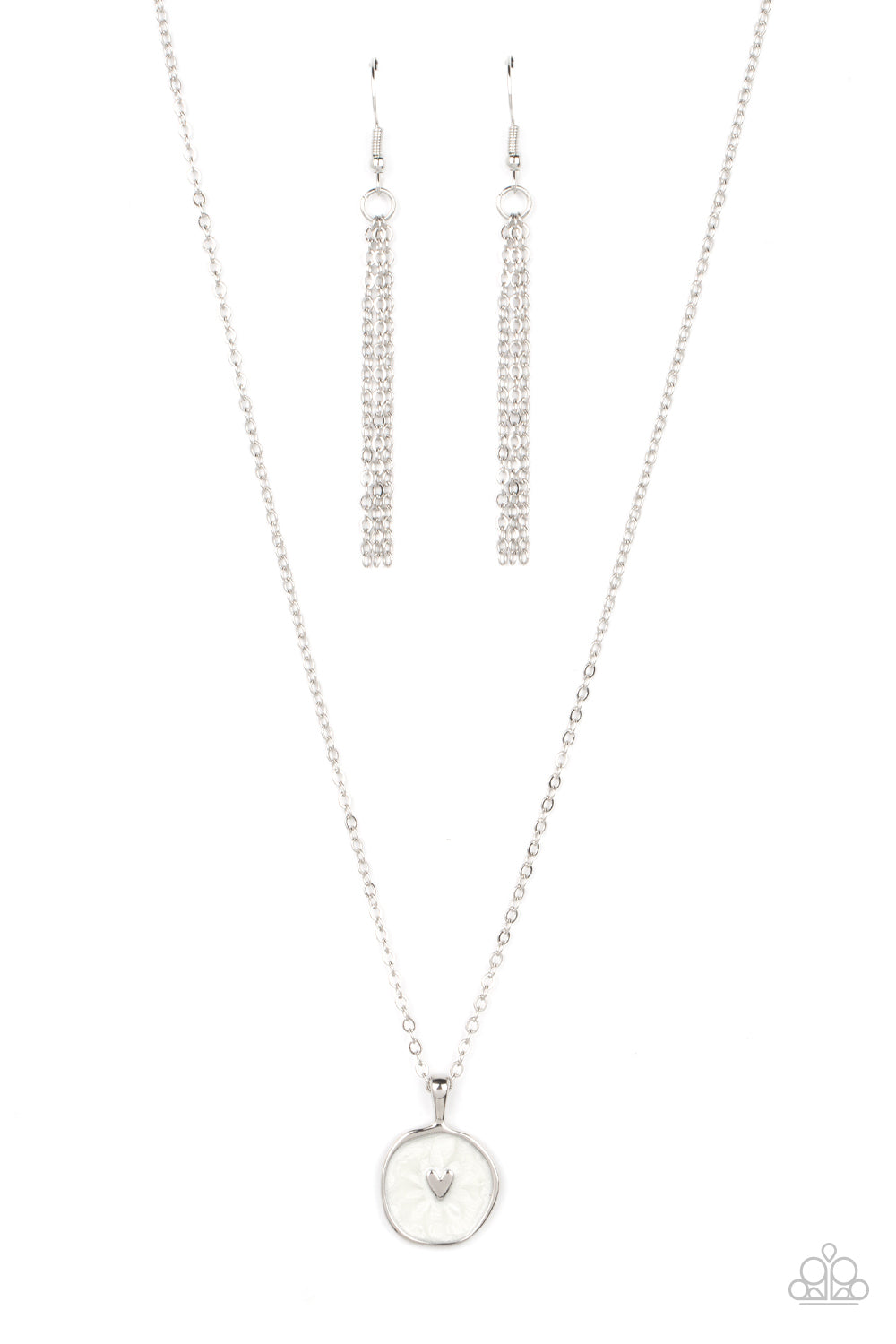 Paparazzi Accessories Do What You Love - White Painted in a shimmery white lacquer finish, an asymmetrical silver disc is dotted in a dainty silver heart accent as it swings from the bottom of a dainty silver chain below the collar for a charming finish.