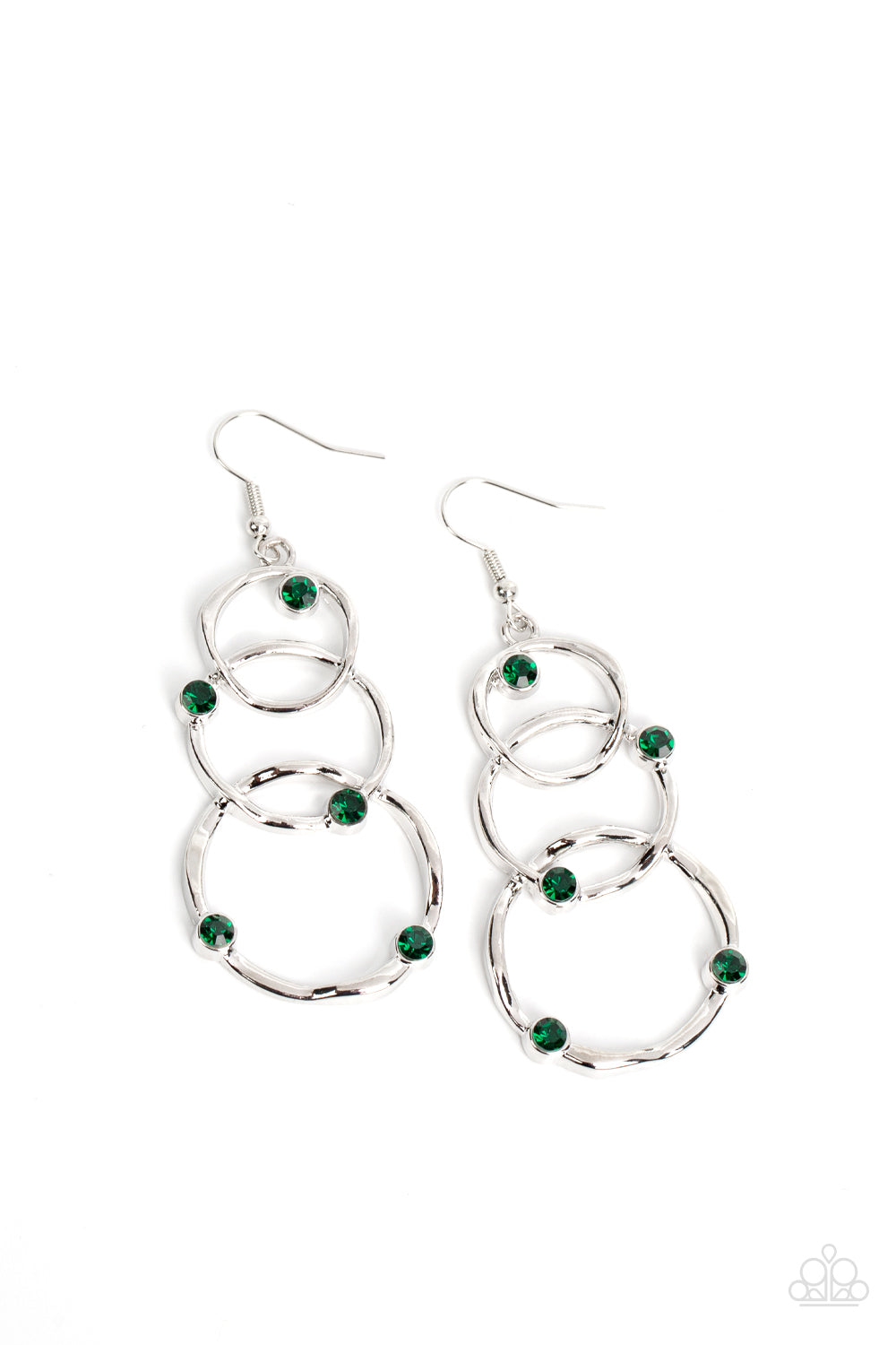 Paparazzi Accessories Revolving Radiance - Green A sprinkling of glittery green rhinestones floats across a trio of wavy silver circles that graduate in size as they interlock into a glamorously luminous lure. Earring attaches to a standard fishhook fitti