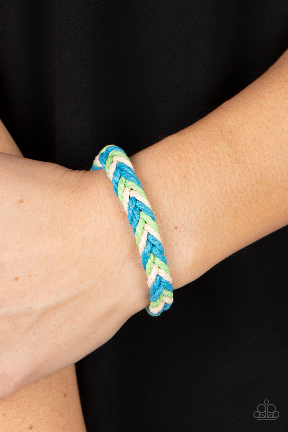 Paparazzi Accessories Born to Travel - Blue Blue, green, and natural white cording decoratively weaves around the wrist, knotting into a colorful braid for an adventurous vibe. Features an adjustable sliding knot closure. Sold as one individual bracelet.