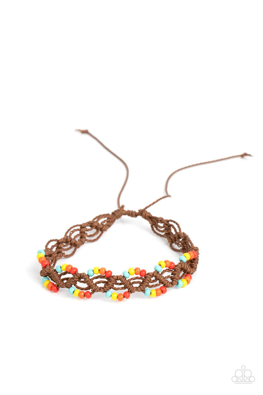 Paparazzi Accessories Cast a Wide Net - Multi Dainty strands of twisted brown cording decoratively weaves into a net-like braid around the wrist. Sections of blue, yellow, orange, and red seed beads are threaded along the edges, creating colorful accents.