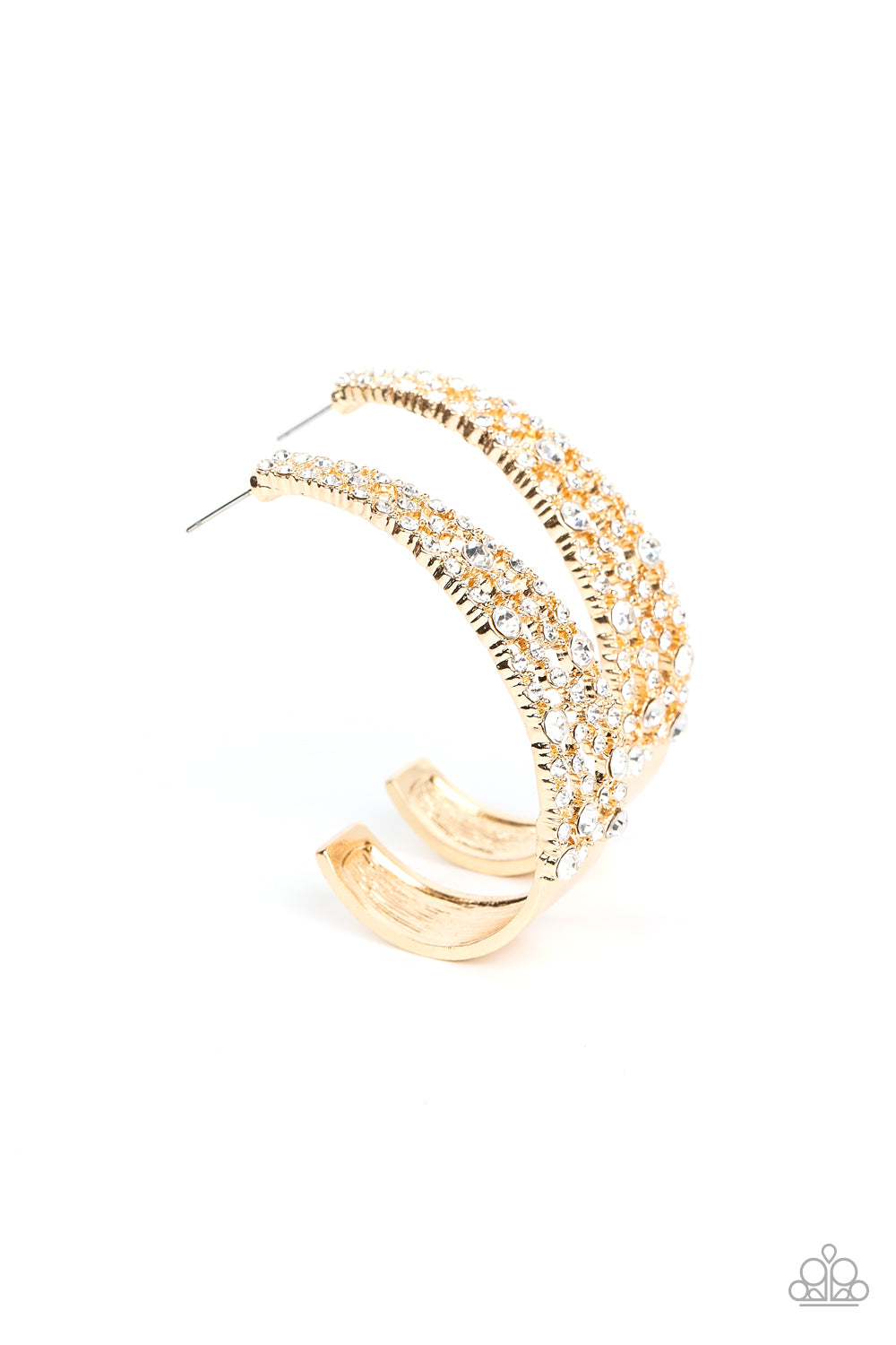 Paparazzi Accessories Cold as Ice - Gold Classic white rhinestones dot a golden backdrop of dainty white rhinestones that delicately curves into a solid gold J-hoop, resulting in a jaw-dropping dazzle. Earring attaches to a standard post fitting. Hoop mea