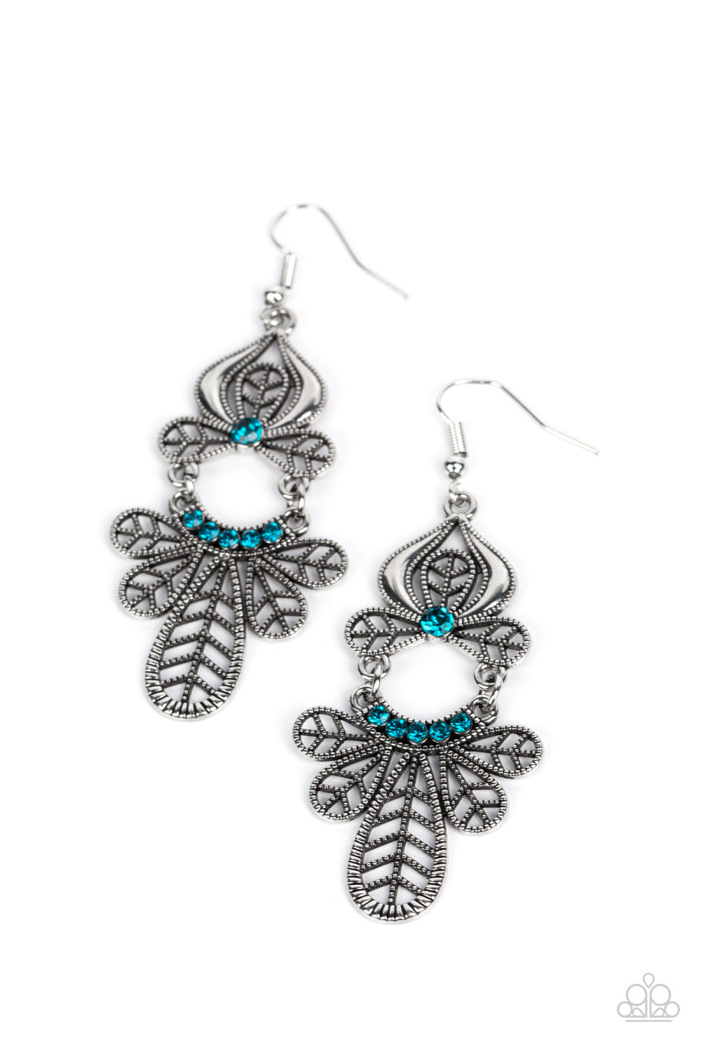 Paparazzi Accessories Galapagos Gala - Blue Studded leafy frames flare out from the bottom of a curved row of glittery blue rhinestones that swings from the bottom of a matching leafy silver frame. A solitaire blue rhinestone dots the uppermost frame, add
