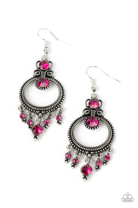 Paparazzi Accessories Palace Politics - Pink Sparkling with a pair of brilliant pink rhinestones, a studded filigree accent attaches to the top of a studded silver hoop brimming with antiqued textures. A dainty collection of pink rhinestones twinkles from