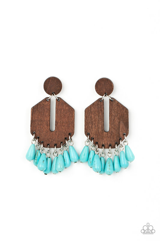 Paparazzi Accessories Western Retreat - Blue Teardrop turquoise stone beads sway from the bottom of an airy and geometric wooden frame that links to a flat wooden circle, resulting in a western inspired fringe. Earring attaches to a standard post fitting.