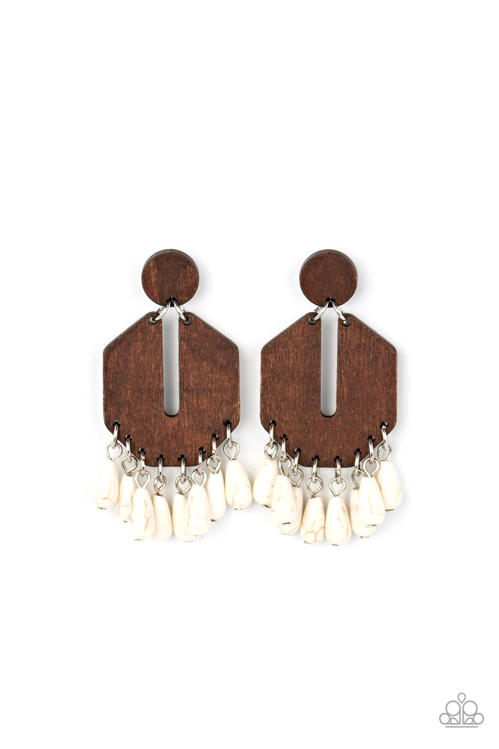 Paparazzi Accessories Western Retreat - White Teardrop white stone beads sway from the bottom of an airy and geometric wooden frame that links to a flat wooden circle, resulting in a western inspired fringe. Earring attaches to a standard post fitting. So