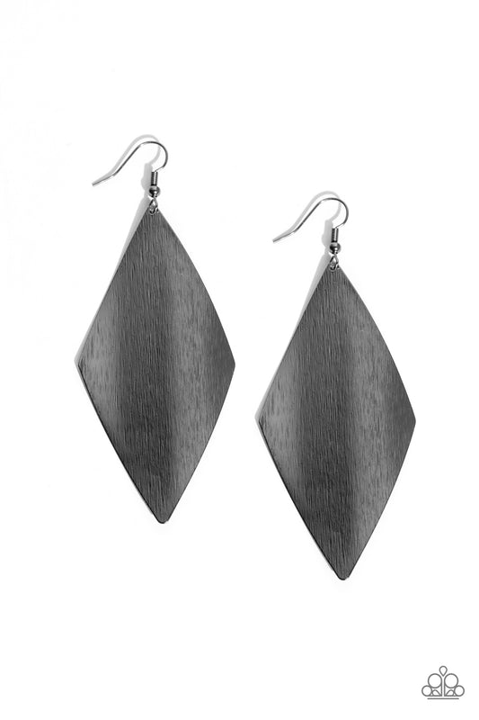 Paparazzi Accessories Retro Rally - Black Etched in shimmer, a kite-shaped gunmetal frame delicately folds and ripples as it falls from the ear for an edgy vibe. Earring attaches to a standard fishhook fitting. Sold as one pair of earrings. Jewelry