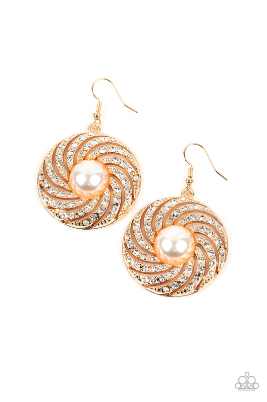 Paparazzi Accessories Vintage Vortex - Gold Dotted in dainty gold studs, ribbons of white rhinestones whirl around an oversized pearl center for a hypnotic twinkle. Earring attaches to a standard fishhook fitting. Sold as one pair of earrings. Jewelry