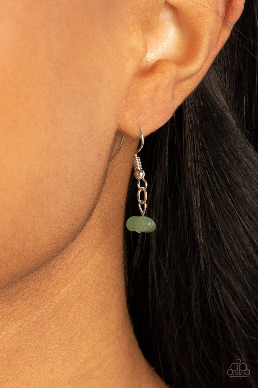 Paparazzi Accessories Tranquil Tidings - Green A dainty stack of quartz, jade, and aventurine pebbles trickles from the bottom of a classic silver chain, creating a tranquil extended pendant down the chest. Features an adjustable clasp closure. As the sto