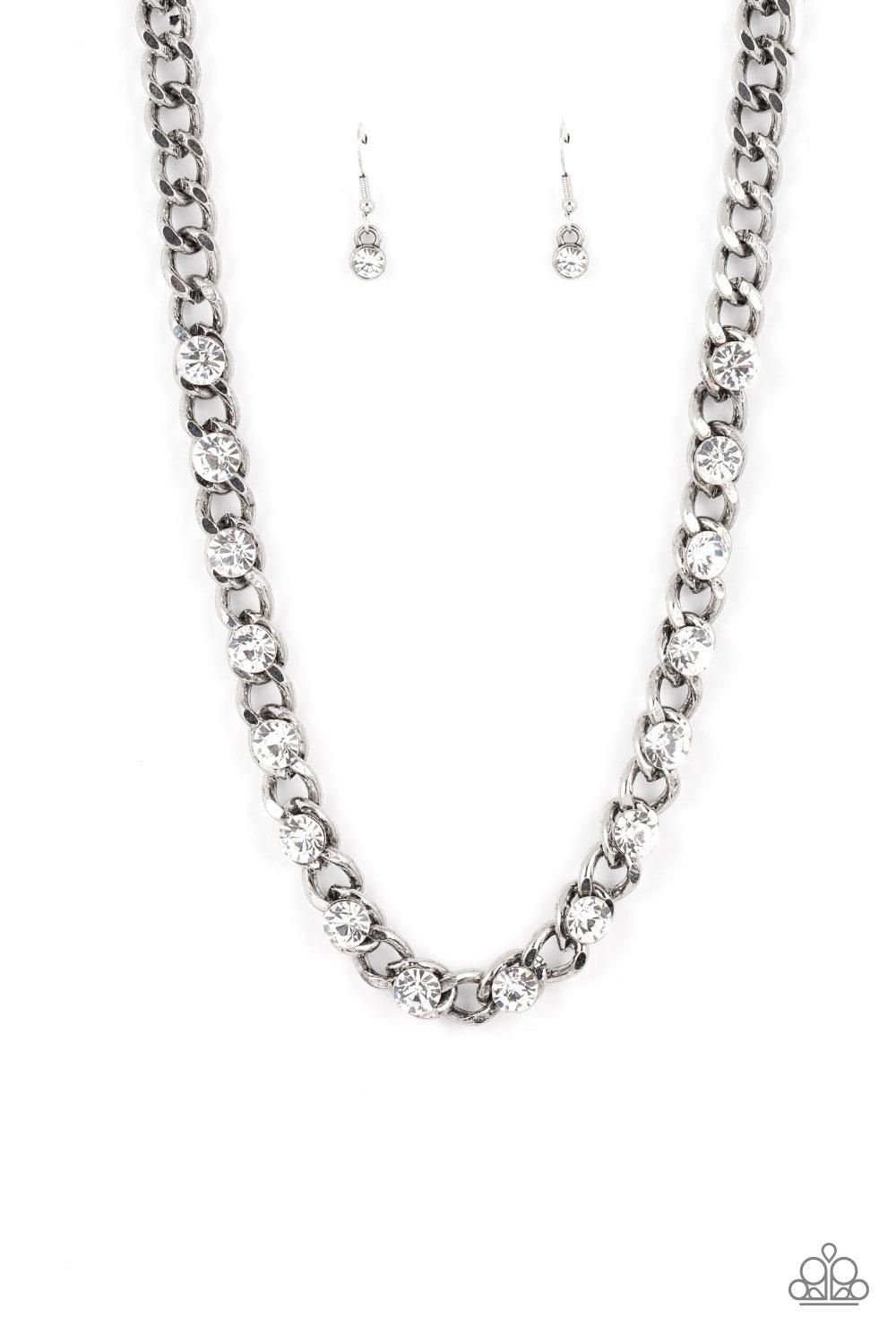 Paparazzi Accessories Major Moxie - White Oversized white rhinestones dot a row of oversized silver chain, resulting in a gritty glitz below the collar. Features an adjustable clasp closure. Sold as one individual necklace. Includes one pair of matching e