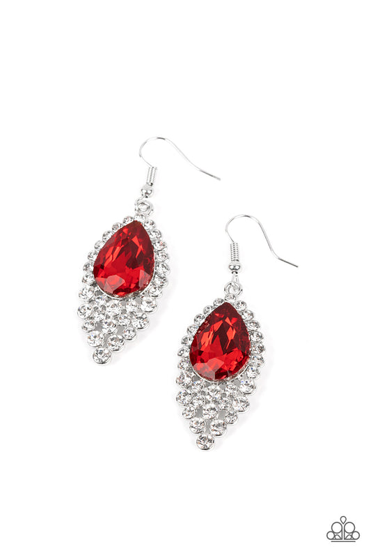 Paparazzi Accessories Glorious Glimmer - Red An oversized red teardrop gem is pressed into a glittering backdrop of glassy white rhinestones, cascading into an elegant effervescence. Earring attaches to a standard fishhook fitting. Sold as one pair of ear