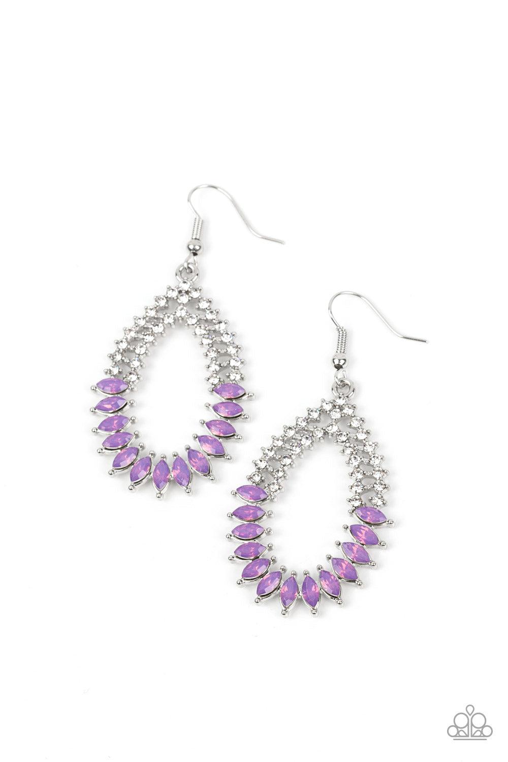 Paparazzi Accessories Lucid Luster - Purple Encased in pronged silver fittings, marquise cut opaque purple gems twinkle at the bottom of two dainty rows of glassy white rhinestones that delicately arc into an ethereal teardrop frame. Earring attaches to a
