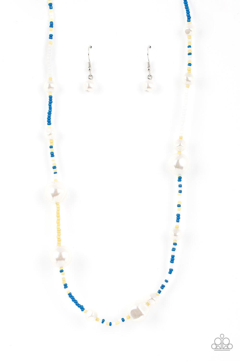 Paparazzi Accessories Modern Marina - Blue Irregular-shaped pearls in varying sizes are scattered amongst blue, yellow, and white seed beads that are threaded along a wire, resulting in a refreshing and playful style below the collar. Sold as one individu