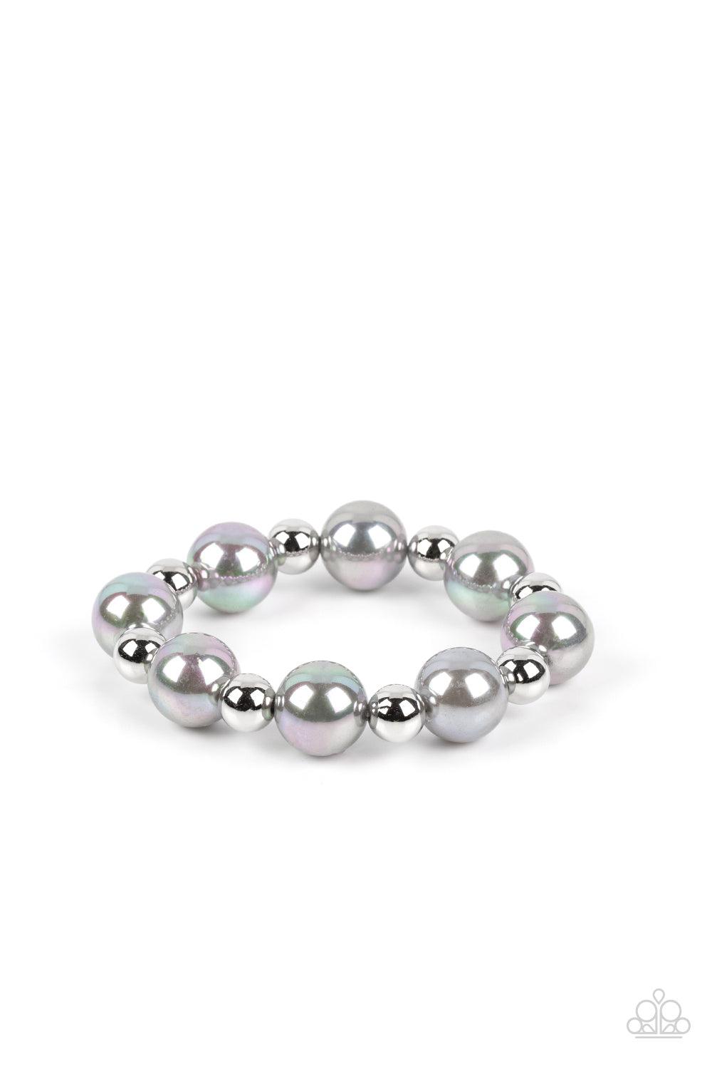Paparazzi Accessories A DREAMSCAPE Come True - Silver Dipped in an iridescent finish, oversized silver pearls alternate with shiny silver beads along stretchy bands around the wrist for a dreamy pop of shimmer. Sold as one individual bracelet. Get The Com