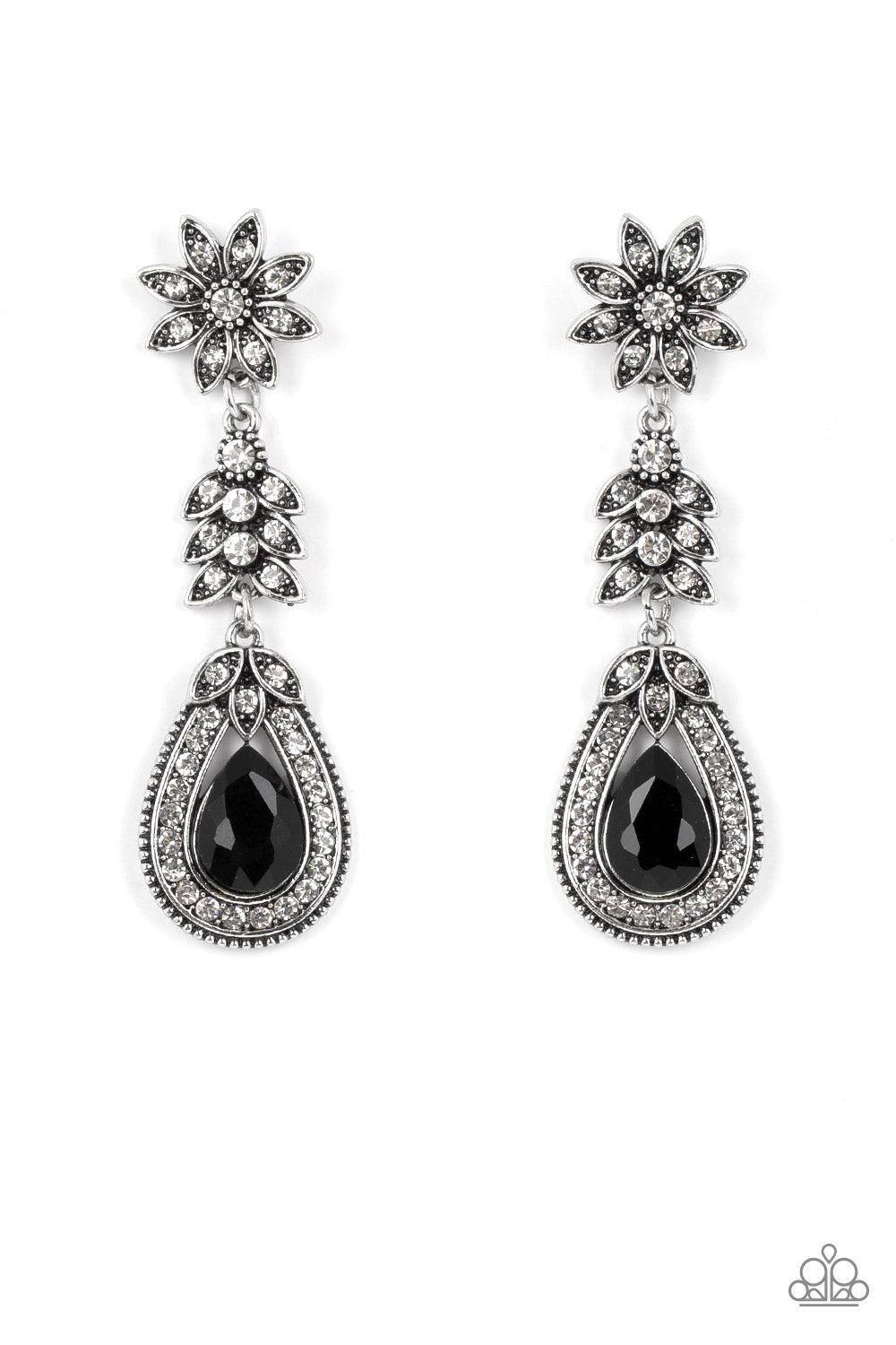 Paparazzi Accessories Floral Fantasy - Black Dotted in dainty white rhinestones, a studded silver flower gives way to a leafy frame that is delicately suspended above a decorative white rhinestone dotted teardrop frame. An oversized black teardrop gem see