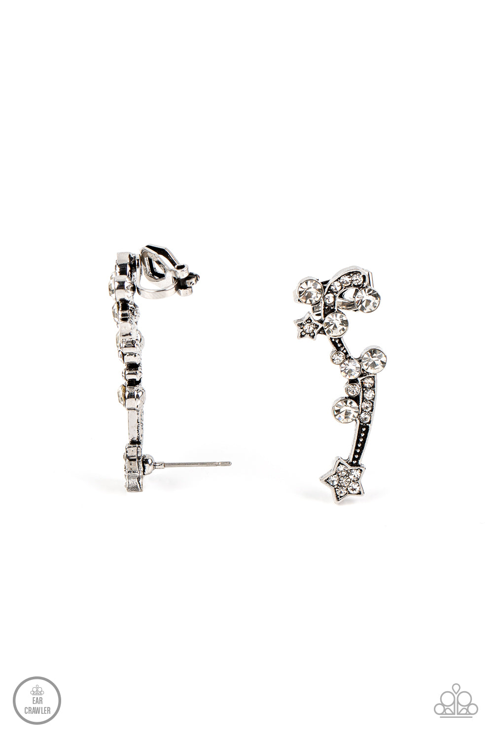 Paparazzi Accessories Astral Anthem - White Dotted with dainty silver studs, glittery white rhinestones, a white rhinestone dotted star, and a glittery ribbon streams out from a white rhinestone dotted silver star like a shooting star as it climbs the ear